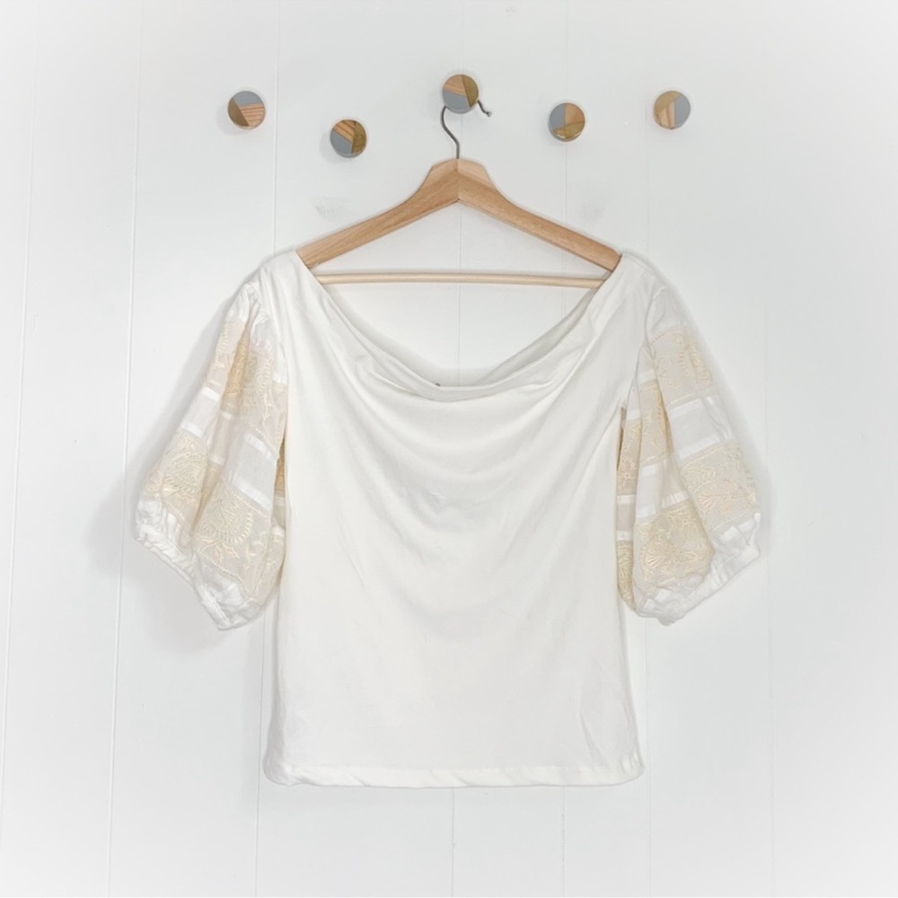 Free People Cream Blouse with Lace Puff Sleeves - Picture 4 of 4